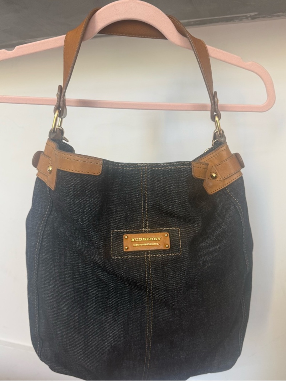 Burberry Dark Denim and Tan Leather 2- Way Hobo Bag Like New!